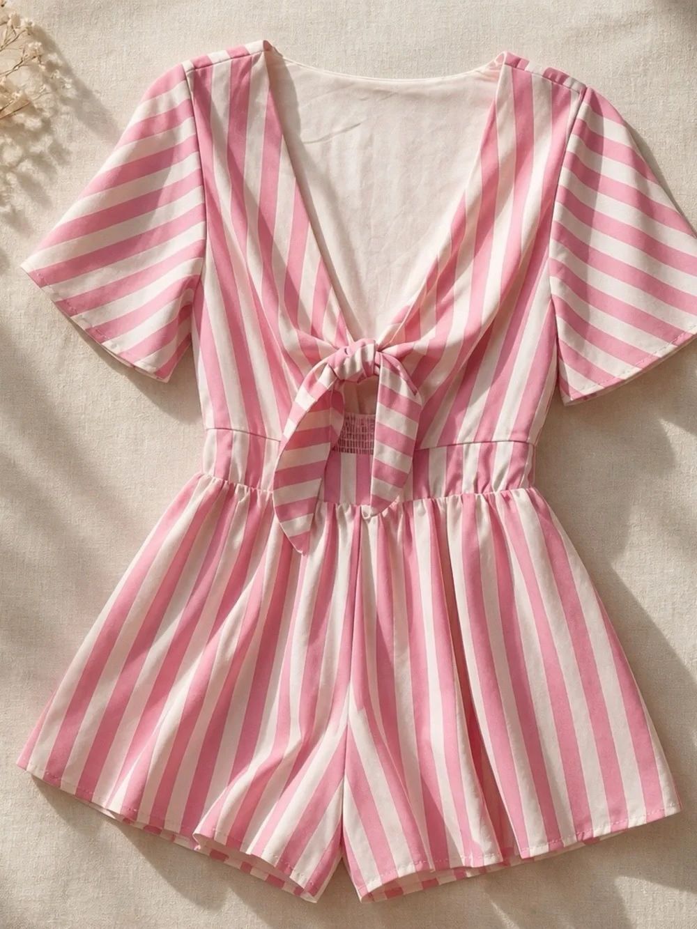 Pink and White Striped Crepe One-Piece Romper with Front Tie
